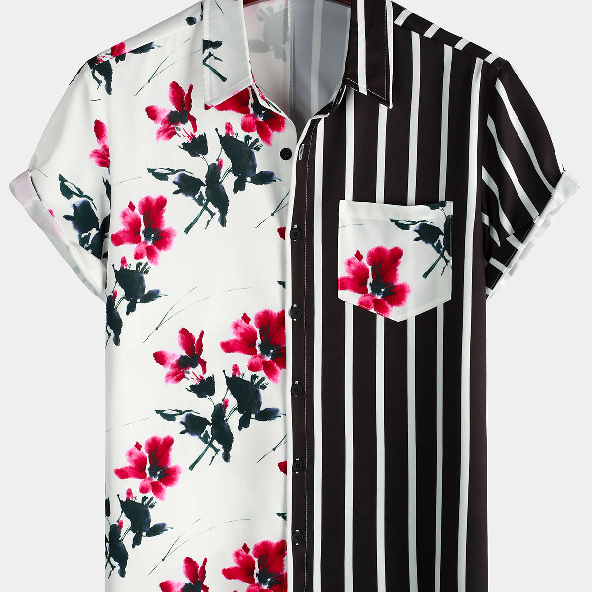 Men's Striped & Red Floral Print Summer Short Sleeve Shirt