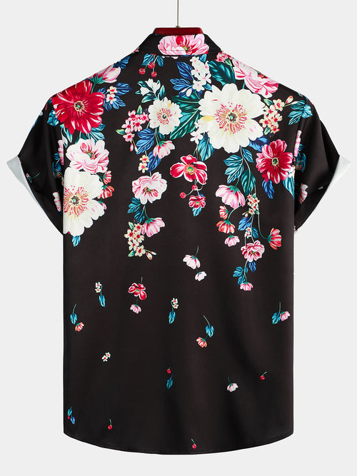 Men's Floral Print Summer Casual vintage Button Up Black Short Sleeve Shirt
