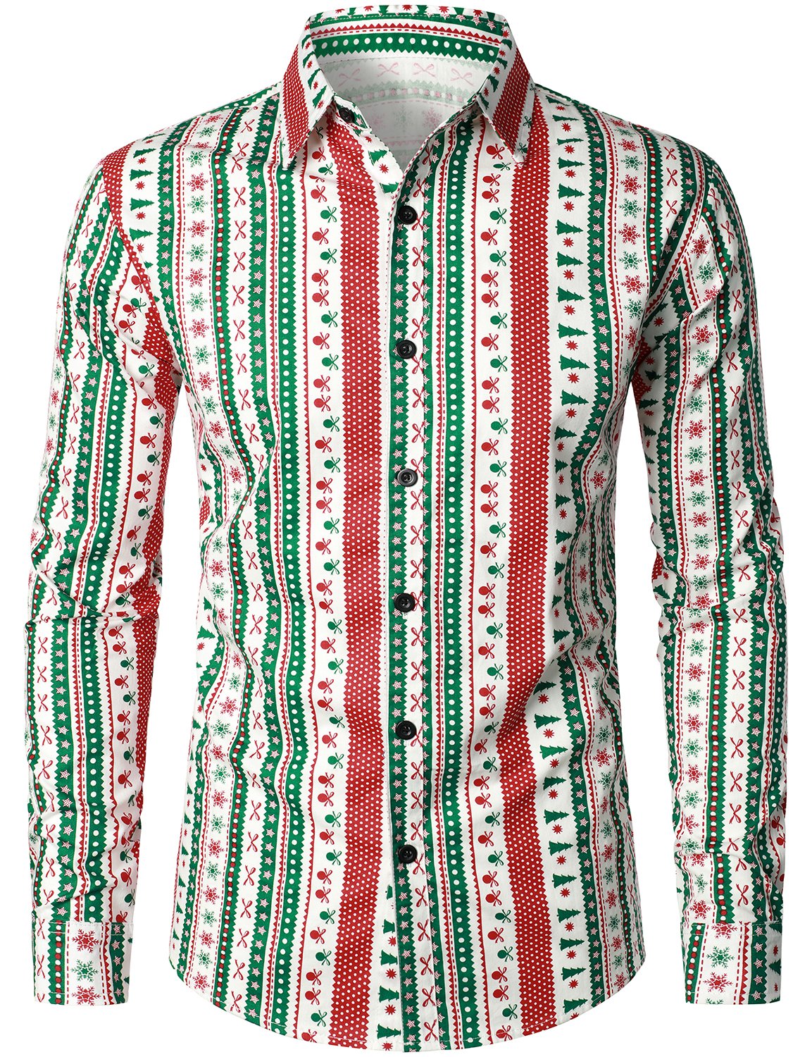 Men's Christmas Print Regular Fit Striped Xmas Holiday Long Sleeve Cotton Dress Shirt