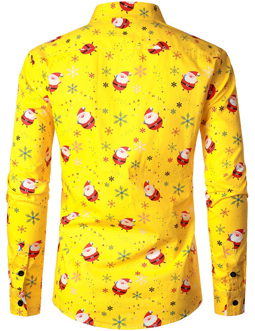 Men's Christmas Print Santa Cotton Soft Regular Fit Yellow Long Sleeve Dress Shirt