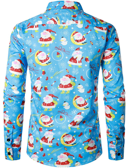 Men's Christmas Santa Print Regular Fit Blue Button Long Sleeve Dress Shirt