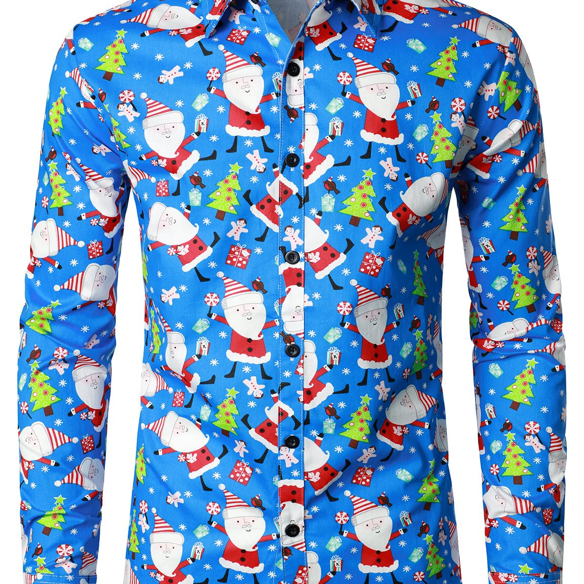 Men's Christmas Print Regular Fit Blue Long Sleeve Santa Dress Shirt