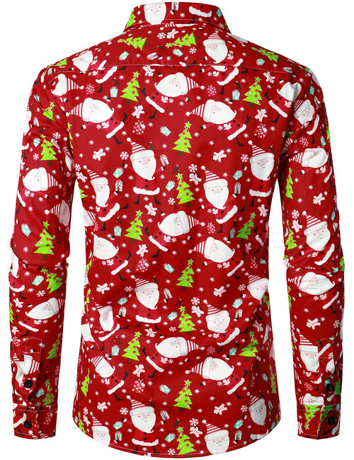 Men's Christmas Santa Print Regular Fit Red Button Long Sleeve Dress Shirt