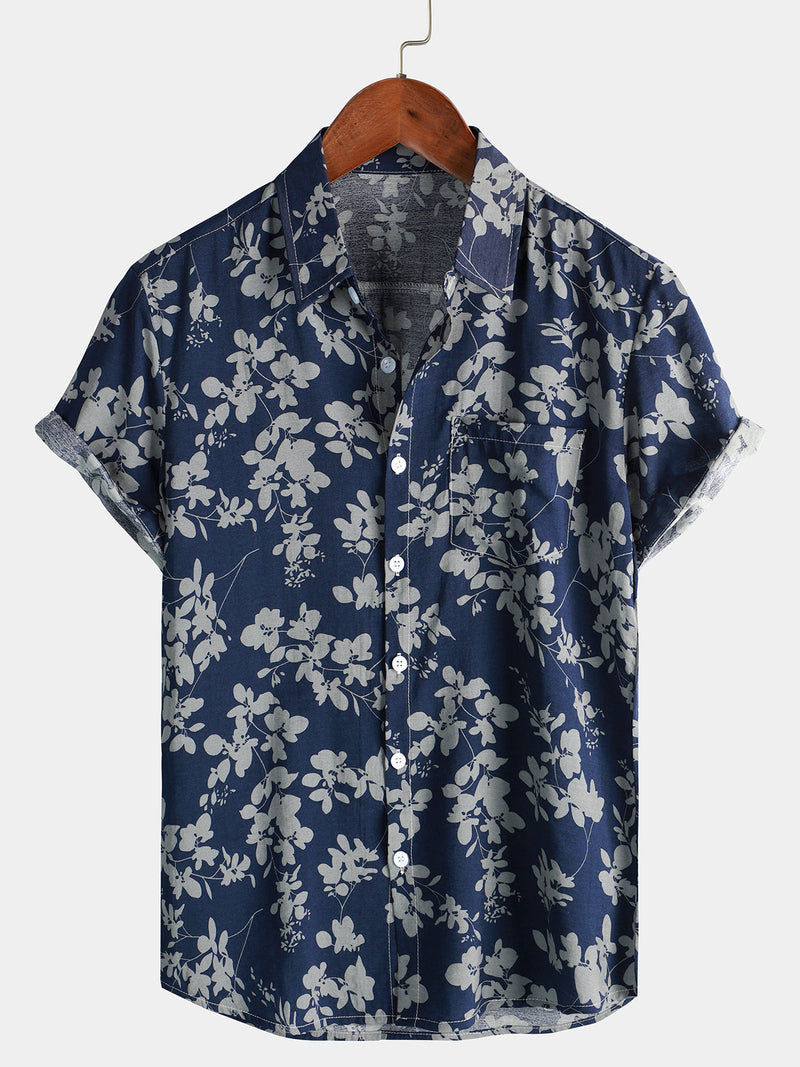 Bundle Of 2 | Men's Vintage & Floral Print Holiday Navy Blue Button Up Short Sleeve Shirts