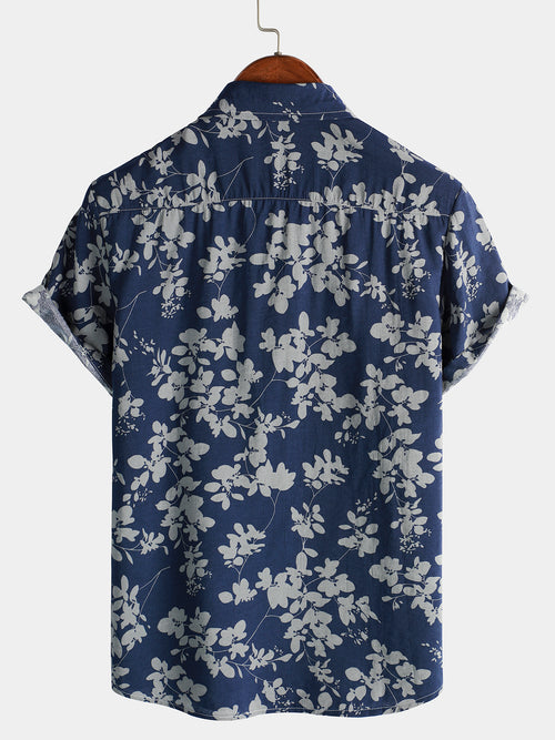 Men's Vintage Floral Print Holiday Navy Blue Button Up Short Sleeve Shirt