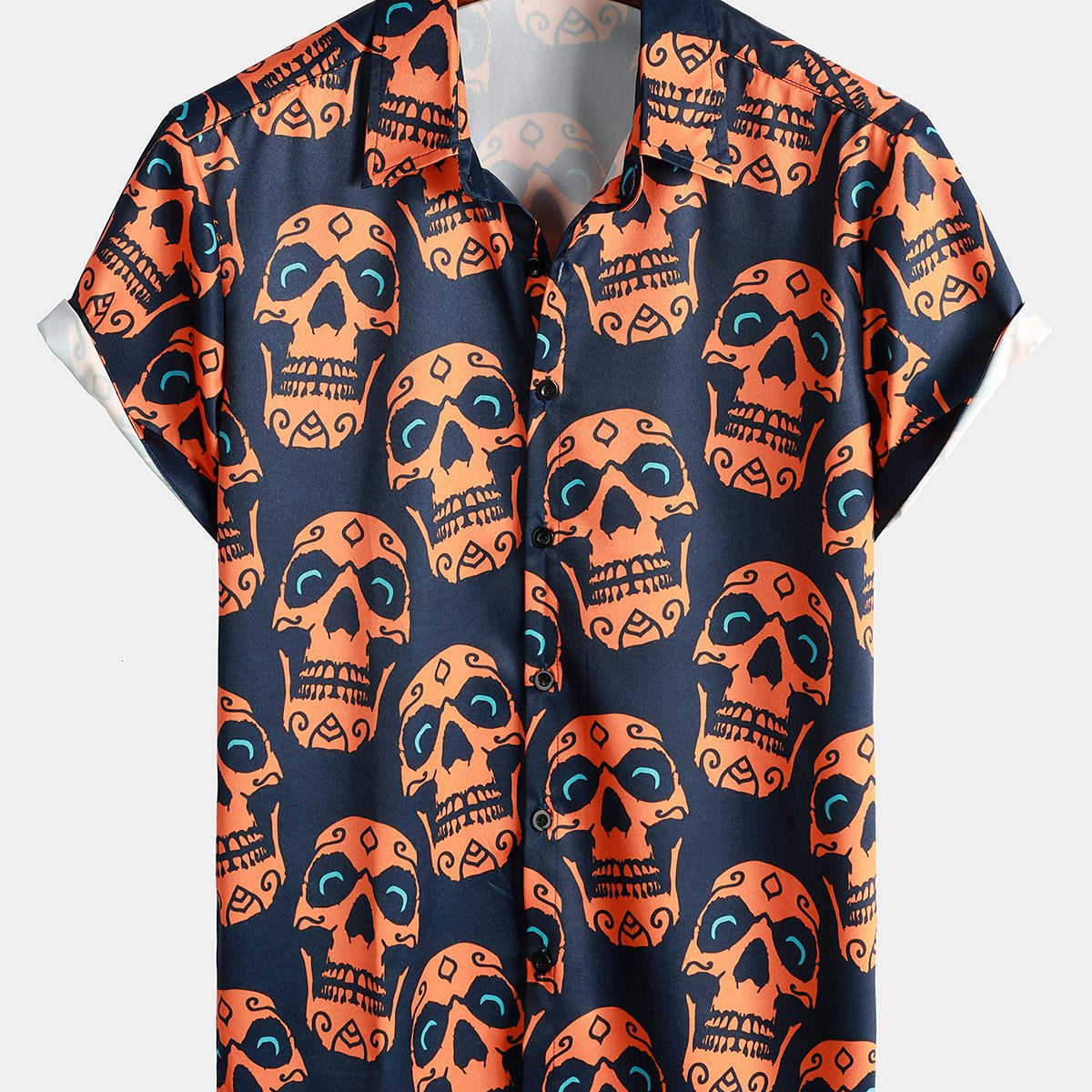 Men's Funny Orange Skull Print Short Sleeve Shirt