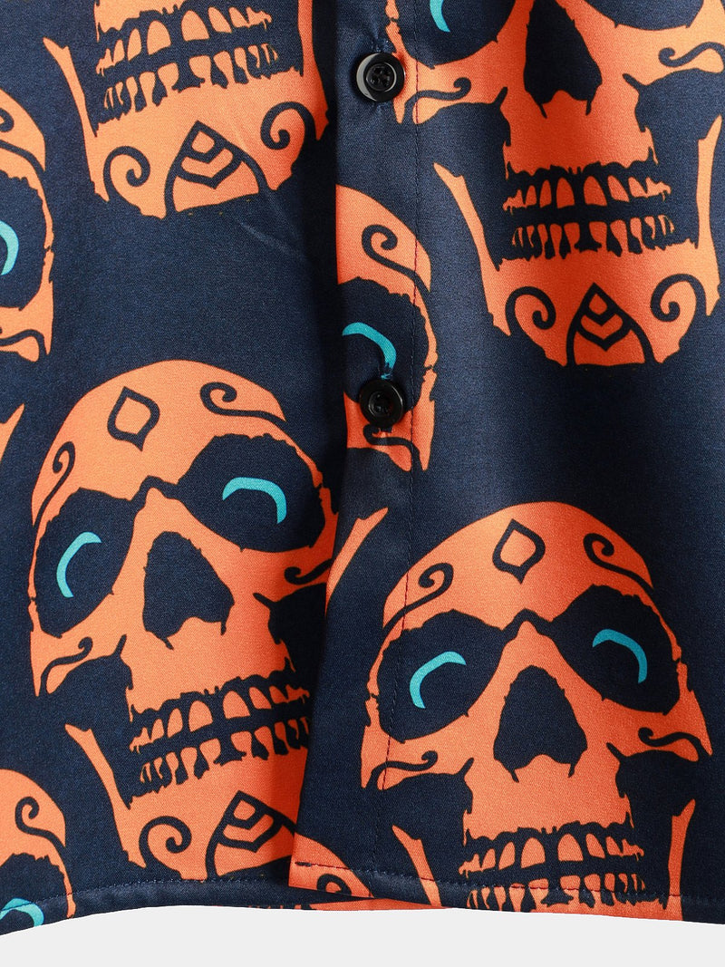 Men's Funny Orange Skull Print Short Sleeve Shirt