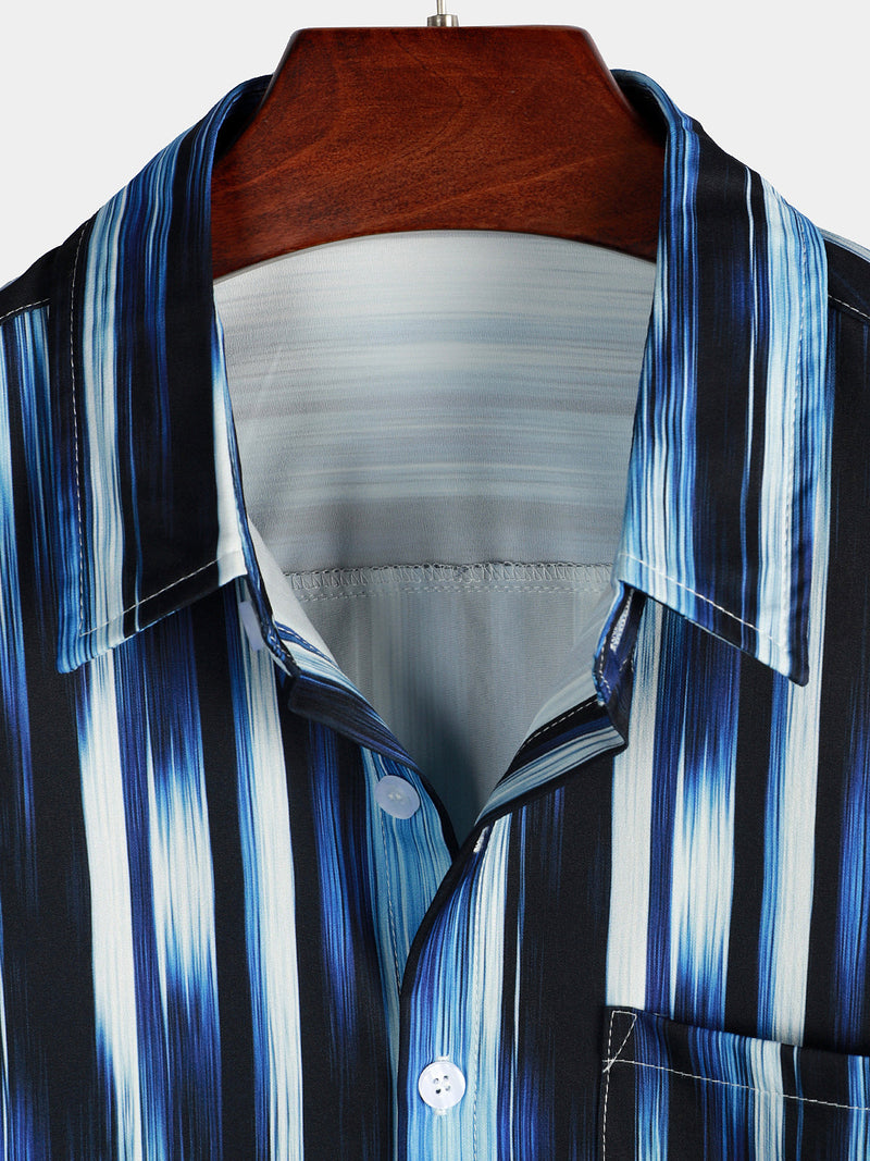Men's Retro Blue and White Striped Summer 70s Button Pocket Short Sleeve Shirt