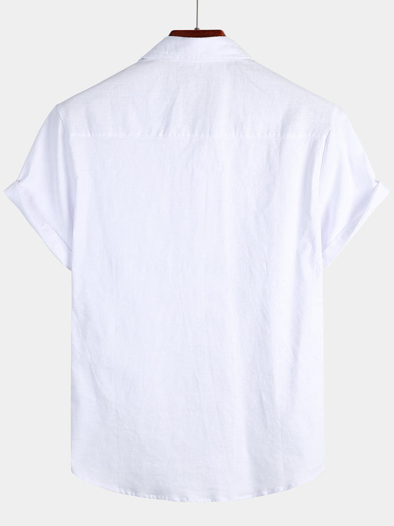 Bundle Of 3 | Men's Linen Cotton Pocket Solid Color Casual Short Sleeve Shirts