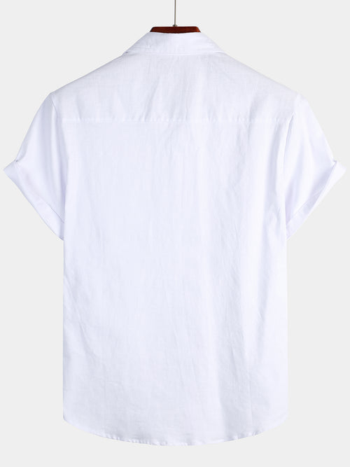 Men's Solid Color Linen Cotton Pocket Casual Short Sleeve Shirt