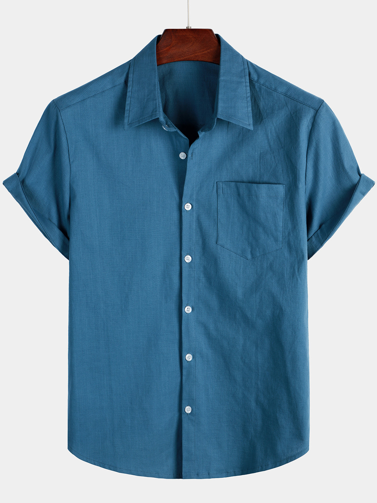 Men's Solid Color Linen Cotton Pocket Casual Short Sleeve Shirt