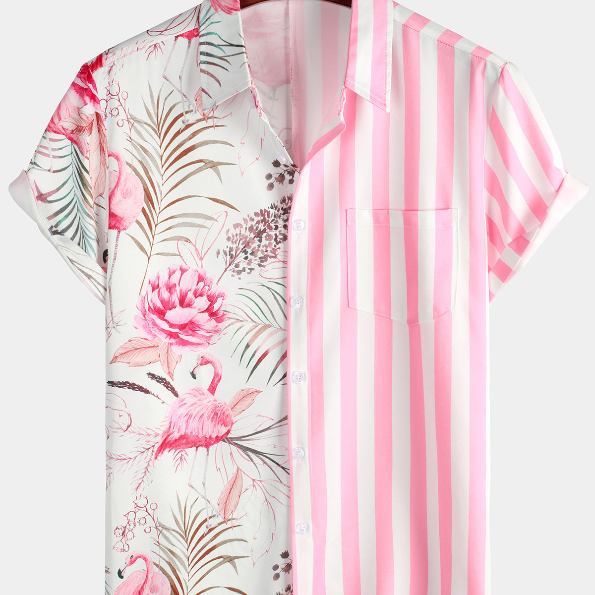 Men's Holiday Flamingo & Floral Print Pink Striped Short Sleeve Hawaiian Shirt