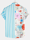 Men's Floral Blue Striped Print Vacation Summer Short Sleeve Beach Button Up Shirt