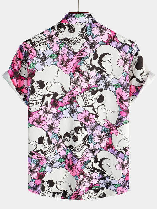 Men's Cool Skull Flowers Button Up Hawaiian Shirt