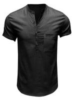 Men's Casual Solid Color Henry Collar Short Sleeve Pocket Cotton Linen Shirt