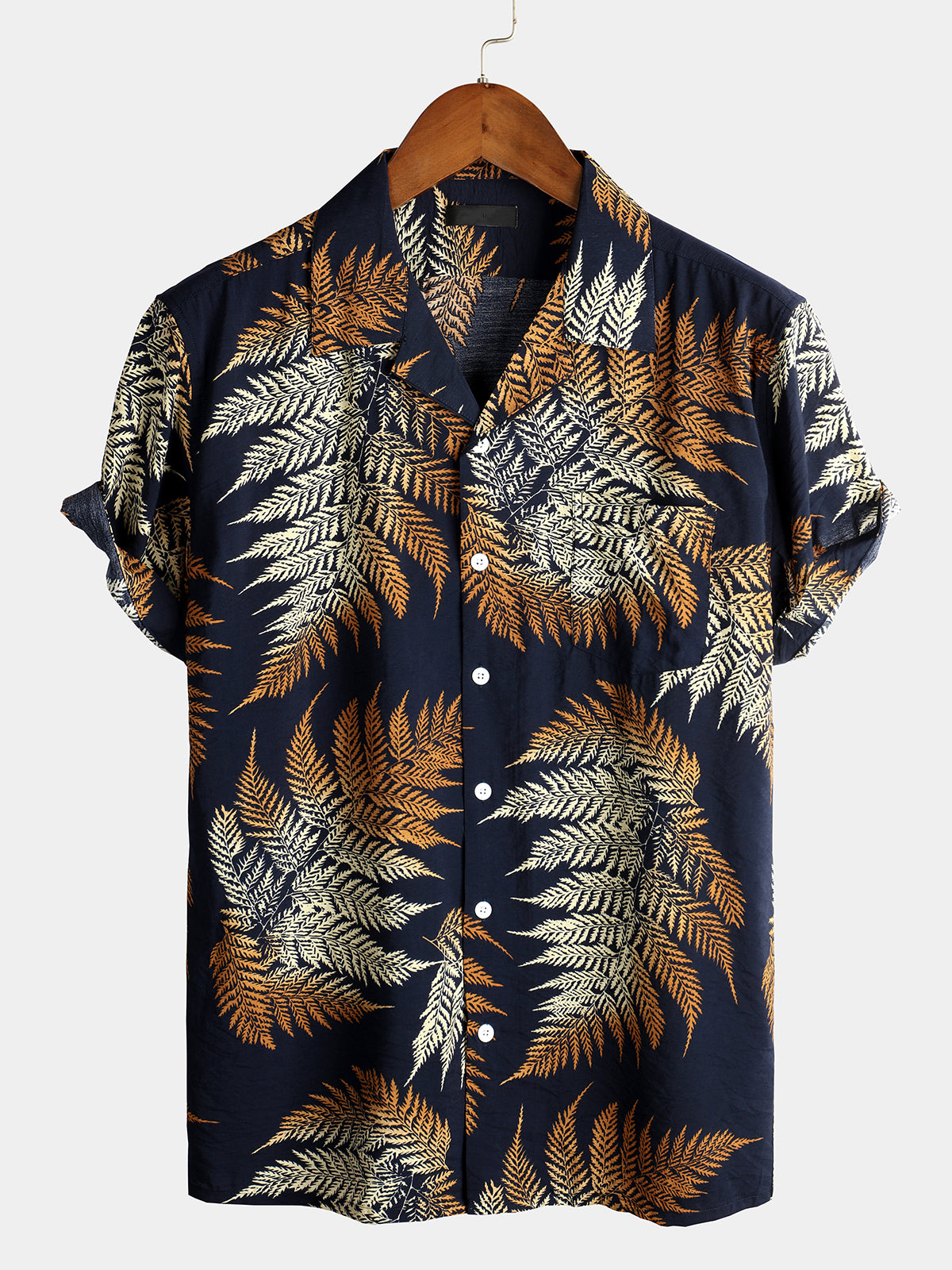Men's Tropical Leaf Print Pocket Hawaiian Short Sleeve Shirt