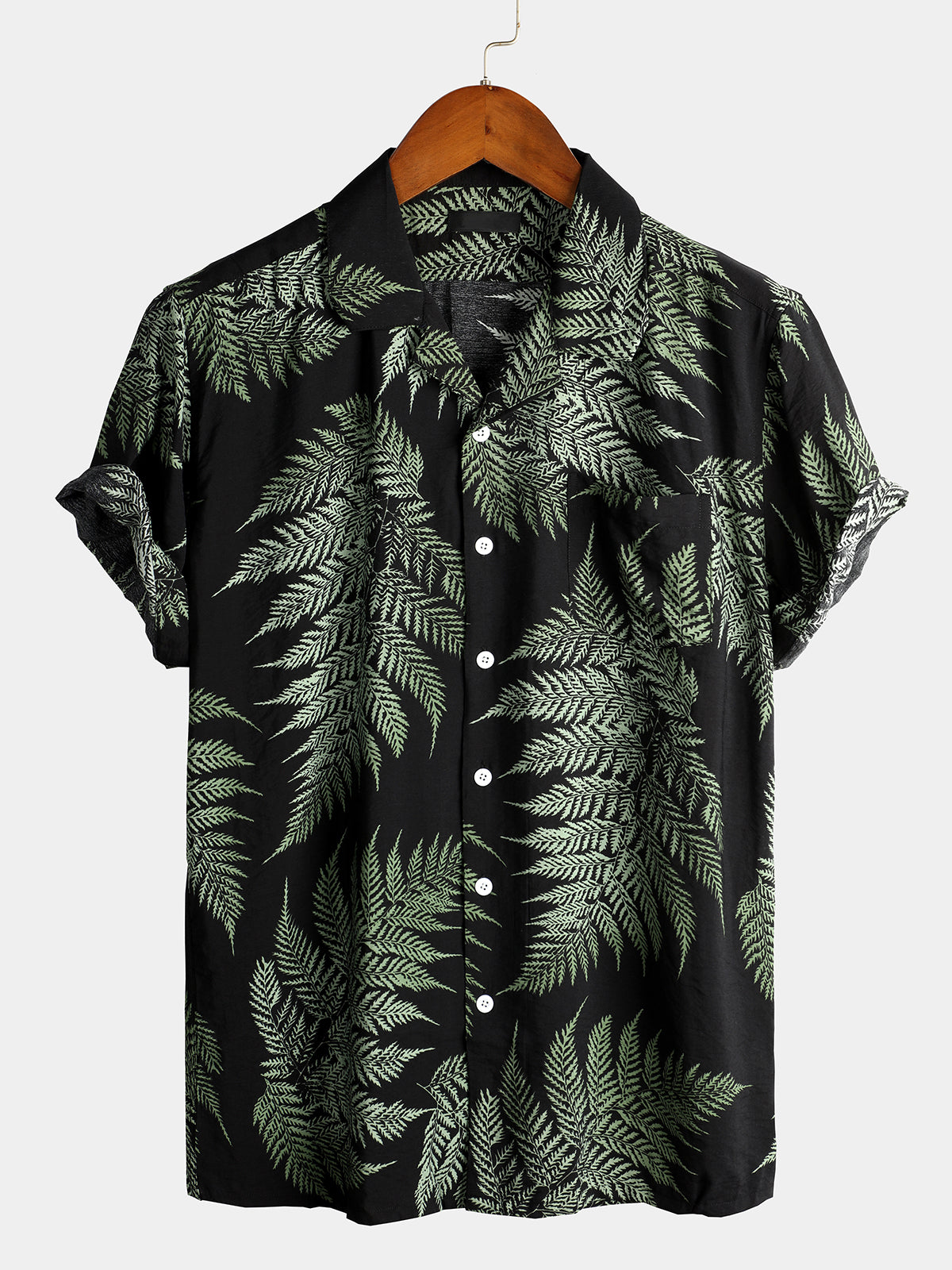 Men's Tropical Leaf Print Pocket Hawaiian Short Sleeve Shirt