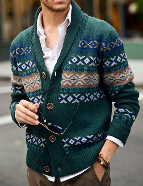 Men's Green Western Pattern Button Up Fall Winter Jumper Long Sleeve Cardigan Sweater