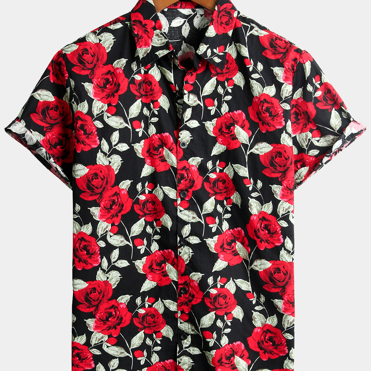 Men's Rose Print Cotton Short Sleeve Shirt