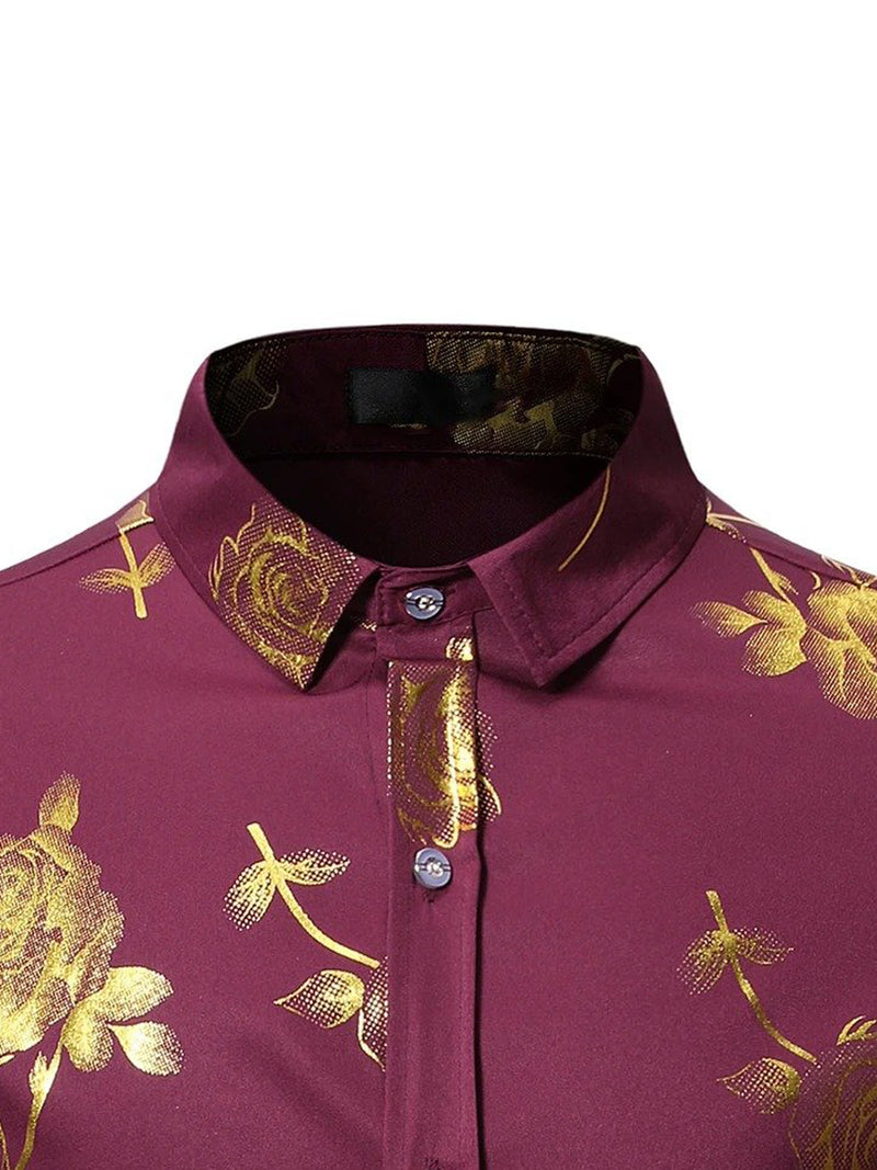 Men's Casual Rose Print Long Sleeve Shirt