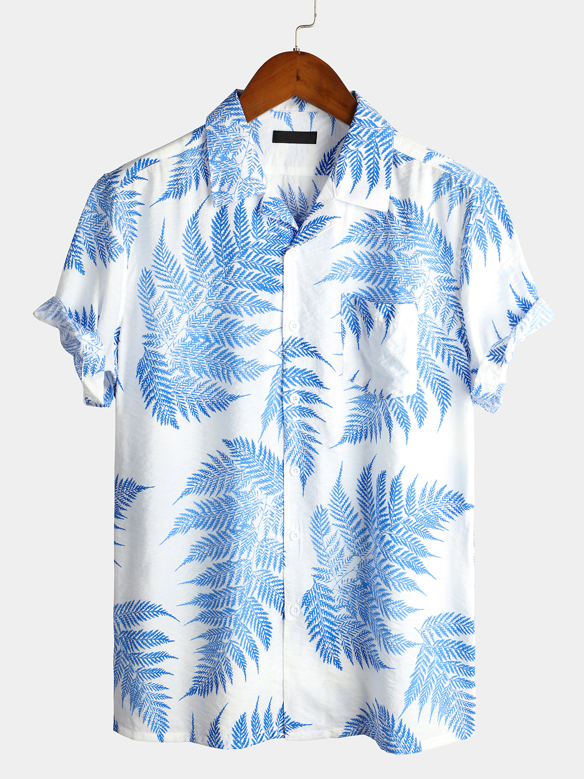 Men's Tropical Leaves Print Pocket Hawaiian Short Sleeve Shirt