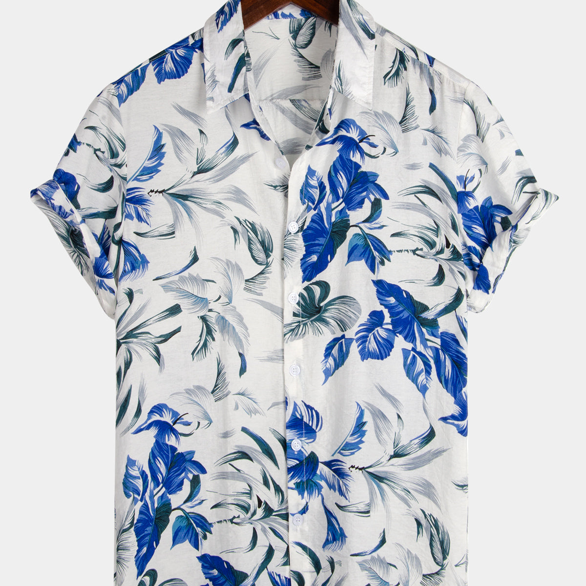 Men's Tropical Blue Leaf Vacation Short Sleeve Summer Button Up Hawaiian Shirt