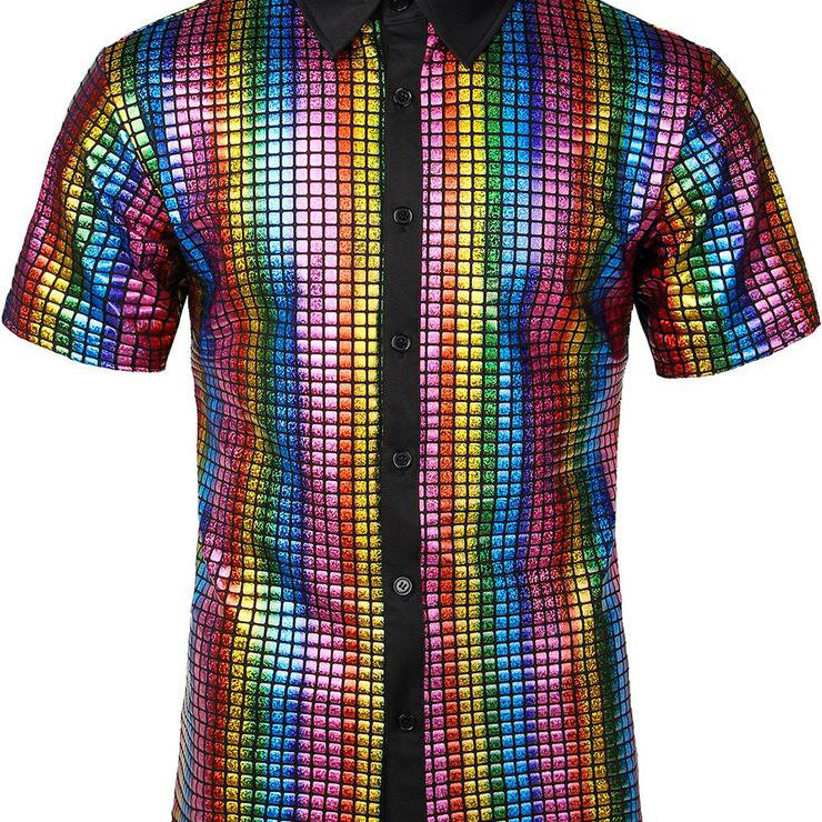 Men's 70s Disco Party Christmas Prom Costume Metallic Sequins Short Sleeve Button Up Shirt