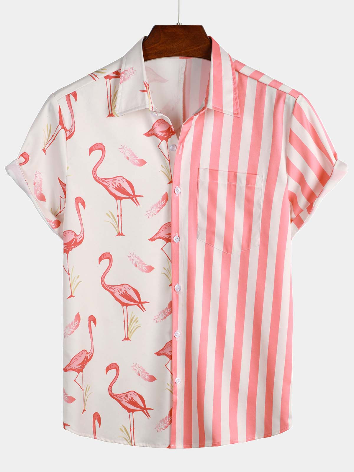 Men's Pink Flamingo & Striped Print Pocket Short Sleeve Shirt