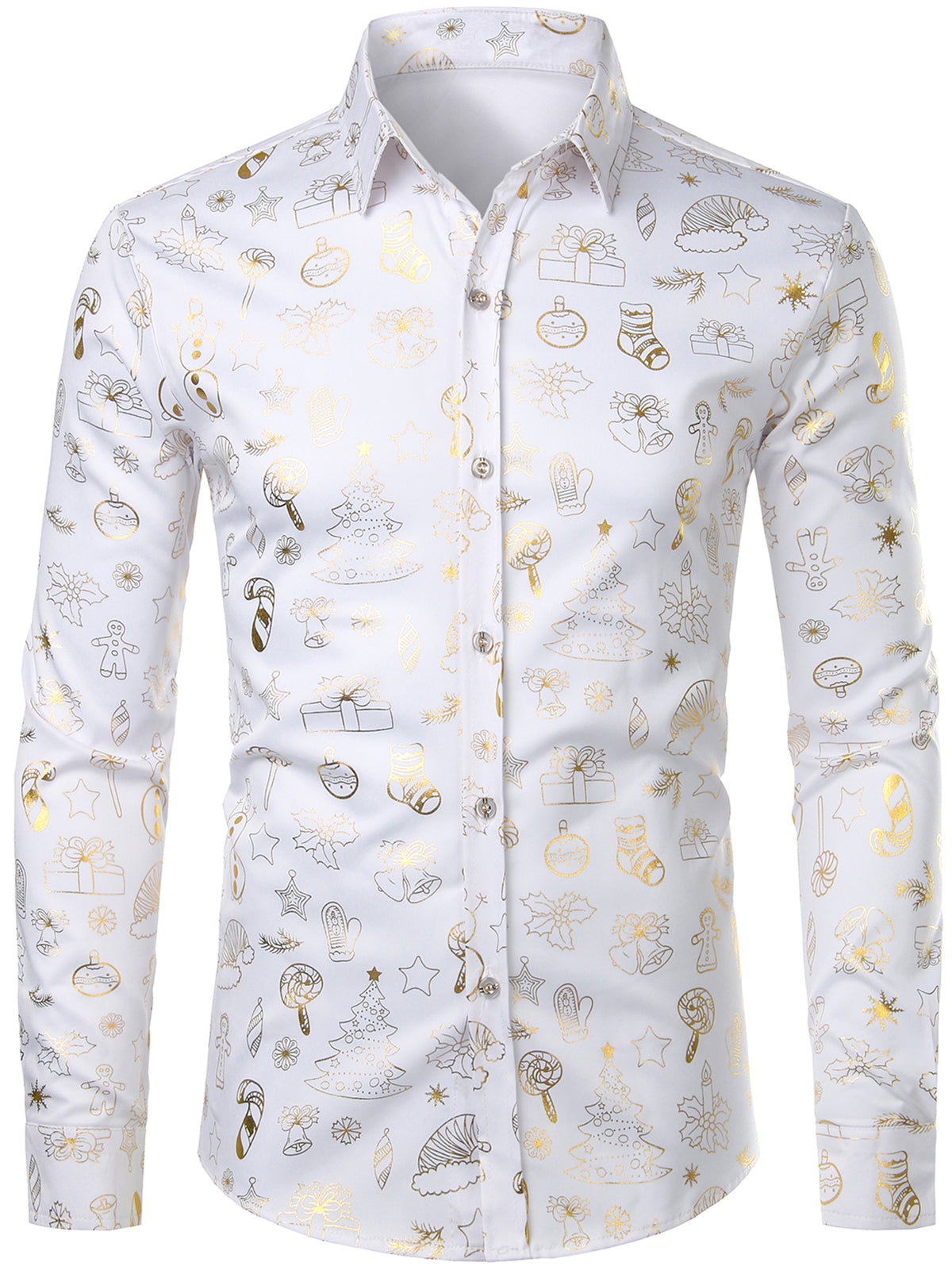 Men's Christmas Print Regular Fit Holiday Long Sleeve White Dress Shirt