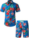 Men's Blue Flower Tropical Hawaiian Shirt & Shorts Set