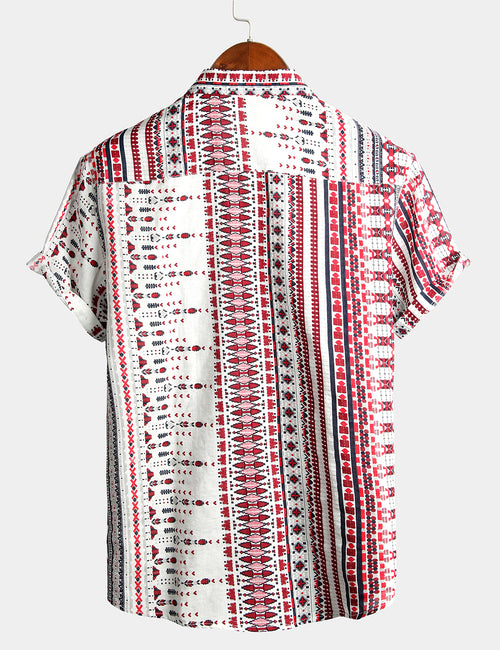 Men's Vintage Cotton Hawaiian White and Red Striped Beach Short Sleeve Shirt