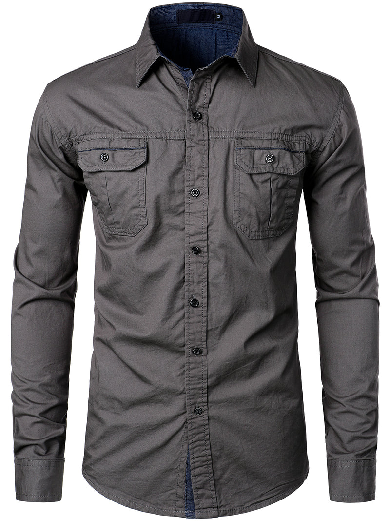 Men's Long Sleeve Lapel Pocket Cotton Army Outdoor Casual Shirt