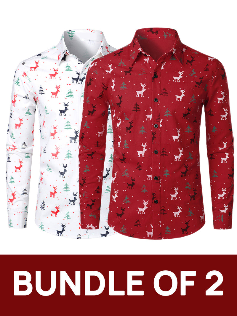 Bundle Of 2 | Men's Christmas Tree Elk Print Breathable Red Long Sleeve Shirts