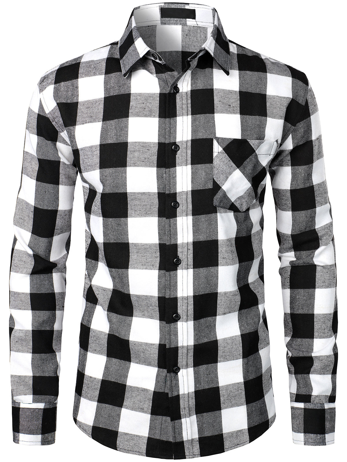 Men's Button Up Regular Fit Long Sleeve Black and White Plaid Flannel Shirt