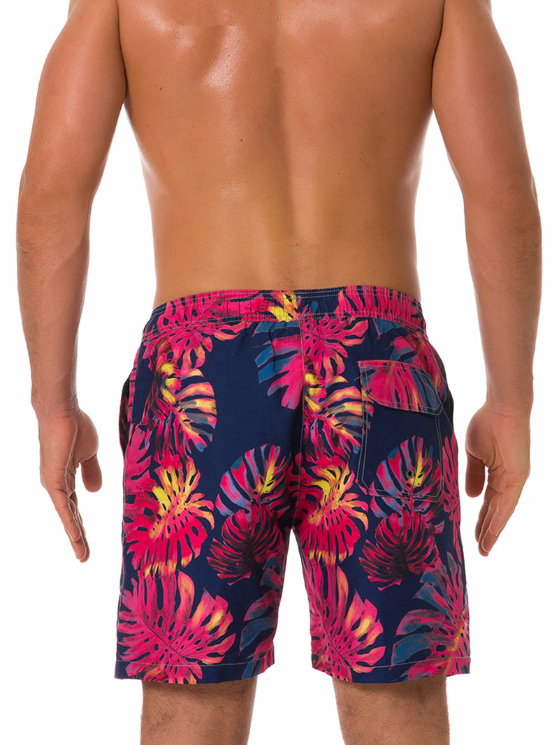 Men's Summer Tropical Leaf Print Beach Shorts Navy Blue Swimming Trunks