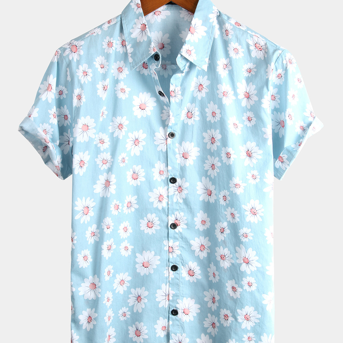 Men's Blue Daisy Floral Summer Button Up Hawaiian Short Sleeve Shirt ...