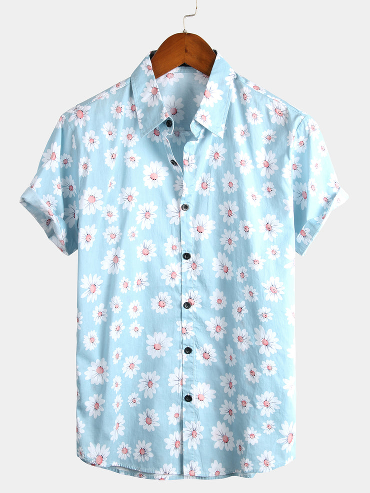 Men's Blue Daisy Floral Summer Button Up Hawaiian Short Sleeve Shirt ...