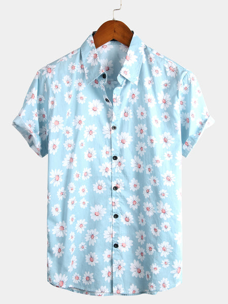 Men's Blue Daisy Floral Summer Button Up Hawaiian Short Sleeve Shirt