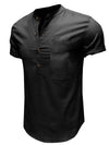 Men's Casual Solid Color Henry Collar Short Sleeve Pocket Cotton Linen Shirt