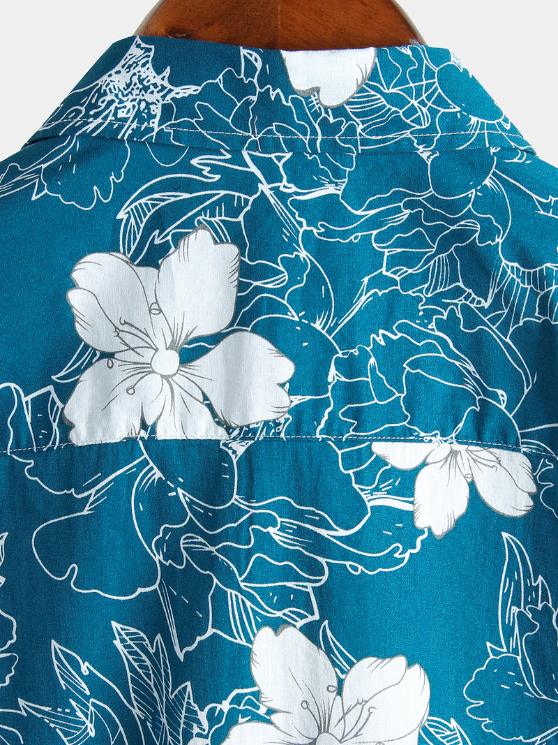 Men's Blue Flower Print Holiday Short Sleeve Shirt