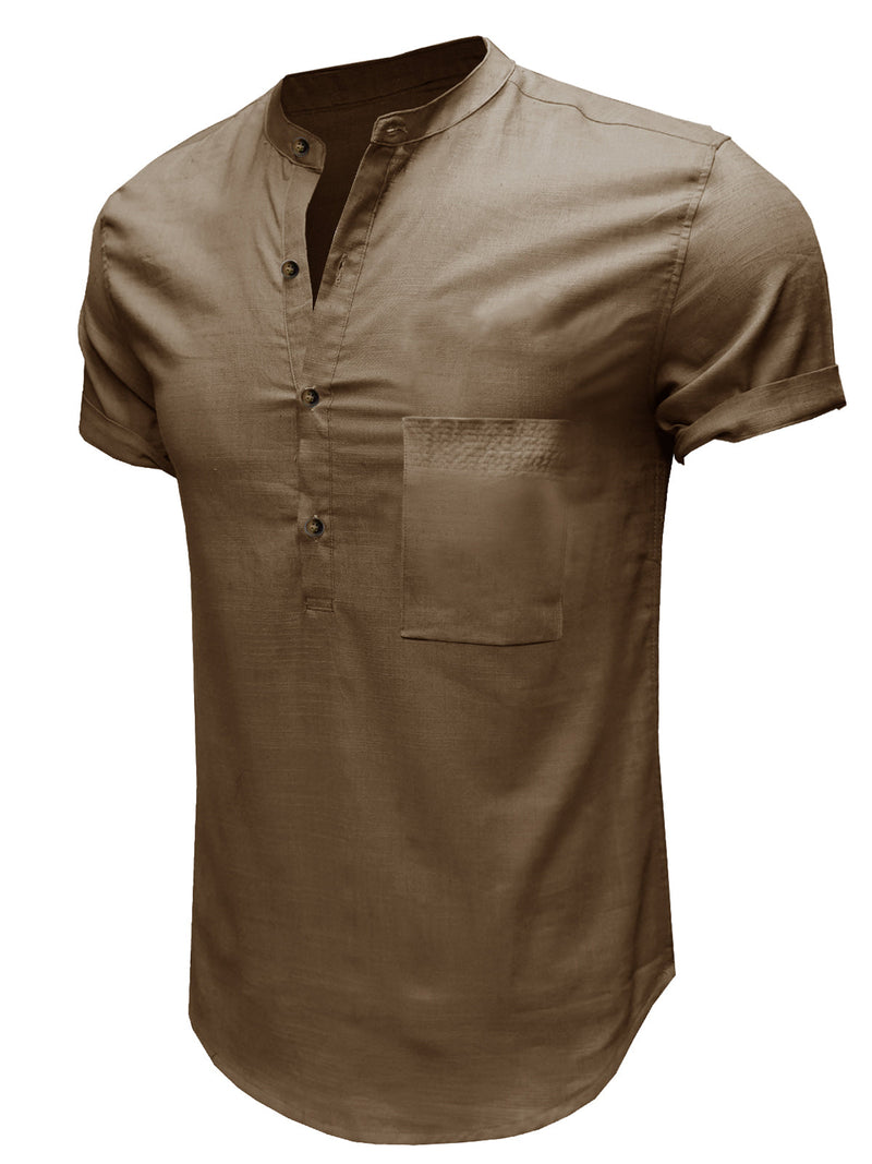 Men's Casual Solid Color Henry Collar Short Sleeve Pocket Cotton Linen Shirt