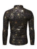 Men's Gold Spider Web Print Halloween Party Button Long Sleeve Shirt