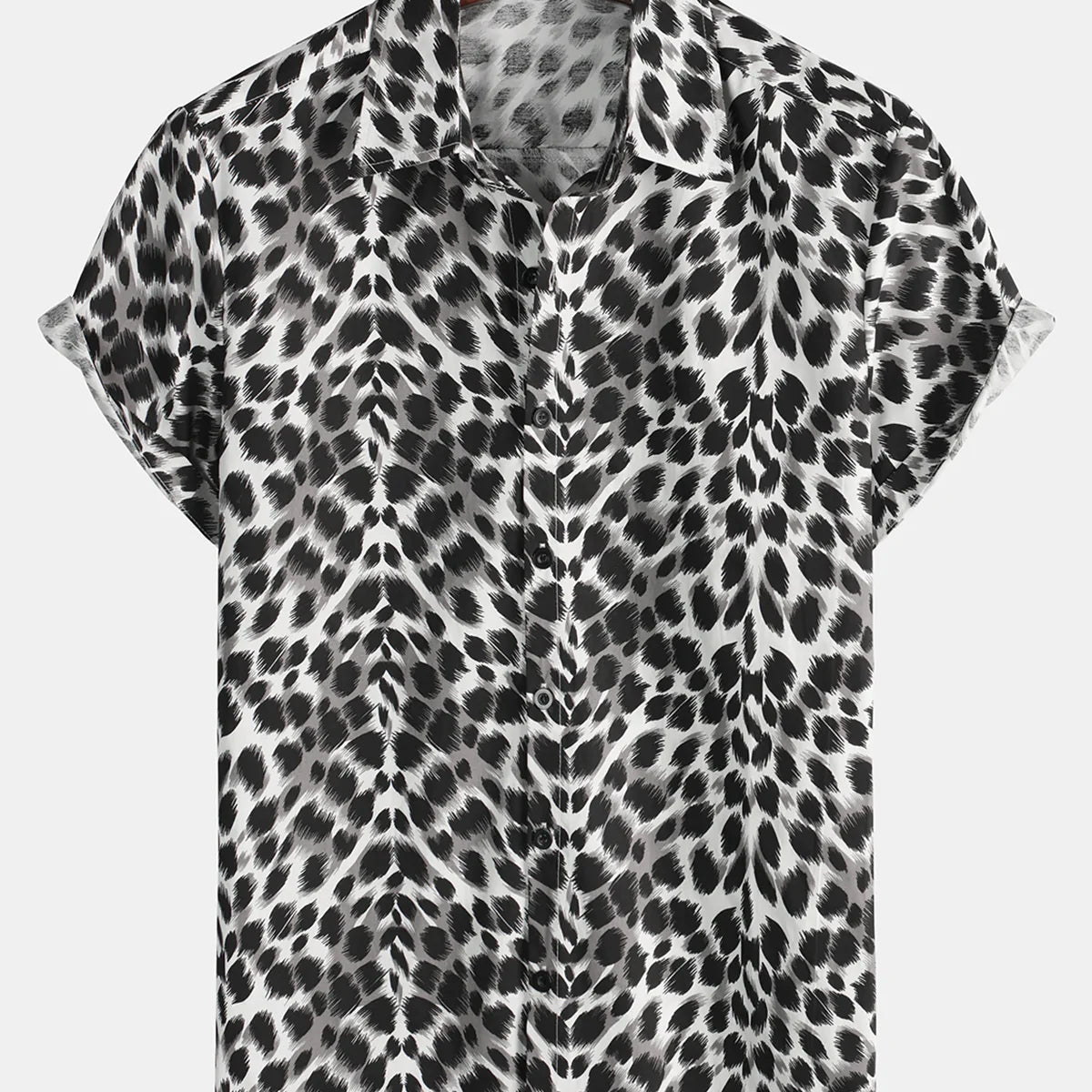 Men's Snow leopard Animal Print Button Up Cotton Breathable Summer Short Sleeve Cool Black Cheetah Shirt