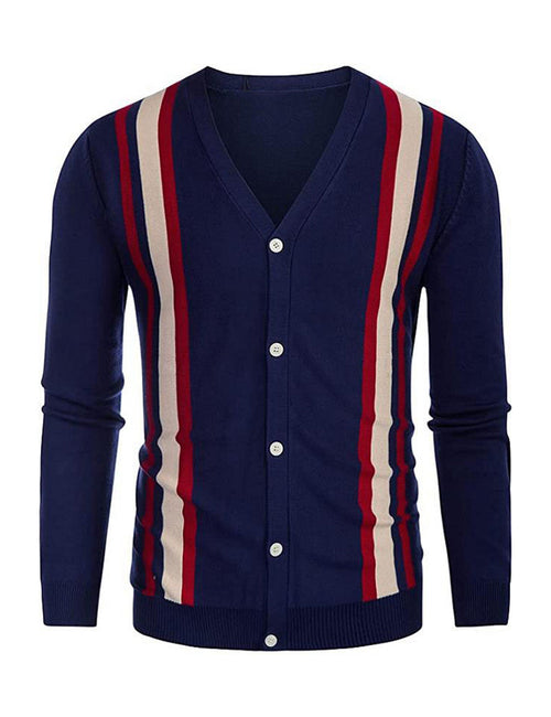 Men's Casual Vintage Striped Button Jumper Knit Polo Shirt Navy Blue V Neck Cardigan Sweater