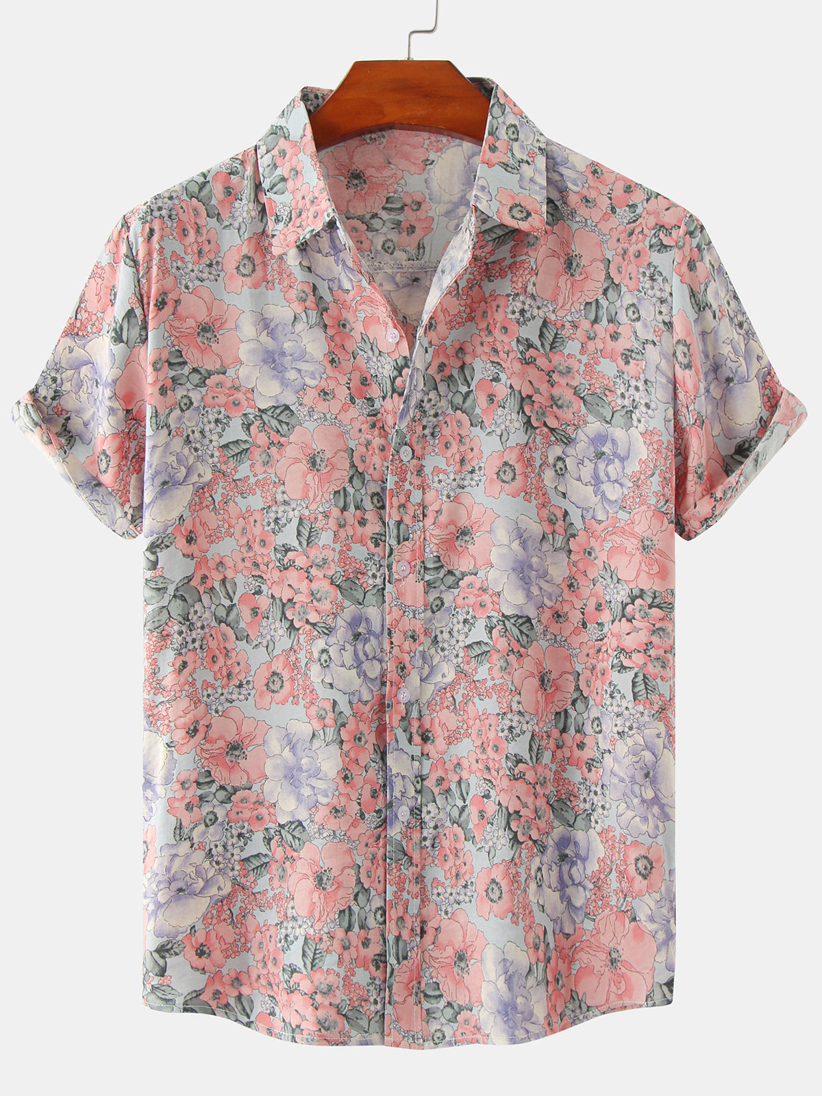 Men's Vintage Floral Print Summer Casual Pink Short Sleeve Shirt