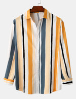 Men's Yellow Striped Soft Button Up Fall Long Sleeve Shirt