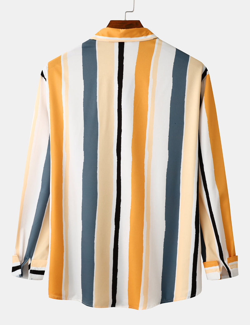 Men's Yellow Striped Soft Button Up Fall Long Sleeve Shirt