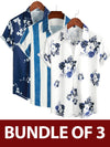 Bundle Of 3 | Men's Floral & Stripe Holiday Summer Print Casual White Beach Short Sleeve Shirts