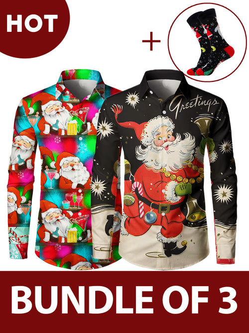 Bundle Of 2/3 | Men's Vintage Funny Christmas Santa Black Holiday Party Long Sleeve Shirts