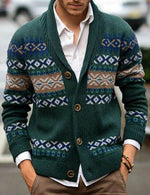 Men's Green Western Pattern Button Up Fall Winter Jumper Long Sleeve Cardigan Sweater